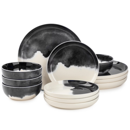 Dinnerware Grey Drip Stoneware, 12 Piece Set Dishes and Plates Sets