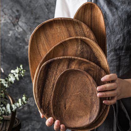 6-Piece Irregular Shape Solid Wood Plates Wood Trays Tableware Set